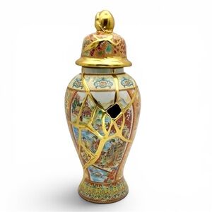 Kintsugi Vase 11” Temple Jar Satsuma-Style Gold Crack Art Personal Growth Gift